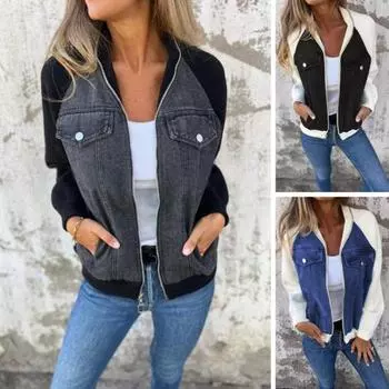 Женская повседневная куртка, однотонная куртка в стиле пэчворк с застежкой-молнией L чёрный