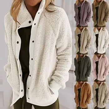 Женская повседневная куртка с длинным рукавом и карманом на пуговицах из однотонного плюша XXL бежевый