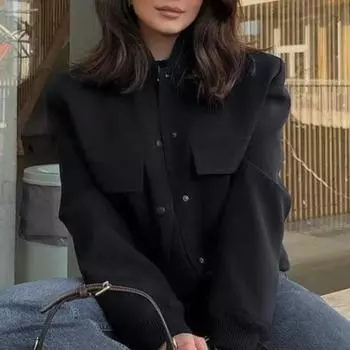 Женская повседневная куртка с длинными рукавами и воротником-стойкой, сплошной цвет, застежка на пуговицах, большой карман, короткие женские женские бомберы, укороченное пальто, верхняя одежда M чёрный