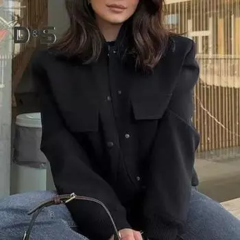 Женская повседневная куртка с длинными рукавами и воротником-стойкой, сплошной цвет, застежка на пуговицах, большой карман, короткие женские женские бомберы, укороченное пальто, верхняя одежда M чёрный