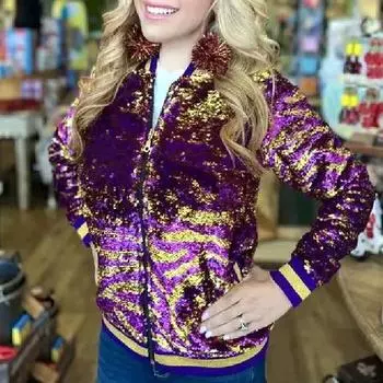 Женская повседневная куртка с градиентом, расшитая бисером и блестками, в рубчик, свободная молния с цветными блоками S фиолетовый