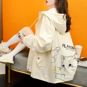 Женская повседневная куртка с капюшоном больших размеров, повседневная легкая куртка с кошачьим узором, куртка больших размеров с принтом 3XL