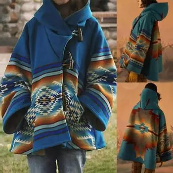 Женская повседневная куртка с капюшоном и длинным рукавом с принтом в стиле ретро, пальто на пуговицах S синий