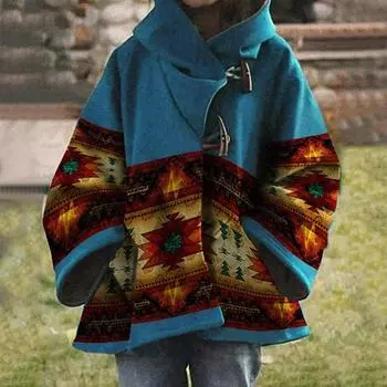 Женская повседневная куртка с капюшоном и длинным рукавом с принтом в стиле ретро, пальто на пуговицах XXL синий