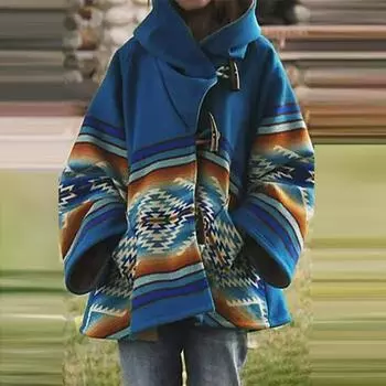 Женская повседневная куртка с капюшоном и длинным рукавом с принтом в стиле ретро, пальто на пуговицах синий