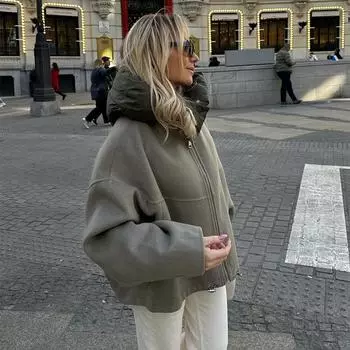 Женская повседневная куртка с капюшоном и длинными рукавами на шнурке, модное осенне-зимнее пальто на молнии с панелями, короткая свободная верхняя одежда для улицы S армия зеленый