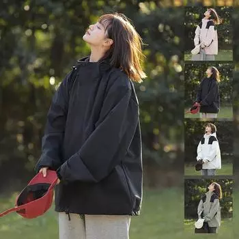 Женская повседневная куртка с капюшоном контрастного цвета, водонепроницаемая, осенне-зимняя, унисекс, на молнии, легкая ветровка для пешего туризма и кемпинга Asian M чёрный