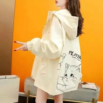 Женская повседневная куртка, весенне-осенняя куртка с капюшоном, Свободный кардиган в ленивом стиле, куртка-кардиган с милым котом для девочек XXL белый