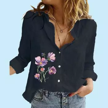 Женская повседневная льняная рубашка с цветочным принтом, модный летний и осенний топ на пуговицах, женские блузки с длинными рукавами и отворотом S белый