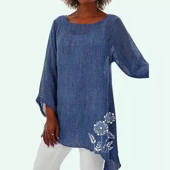 Женская повседневная льняная рубашка с длинным рукавом и принтом 3/4, модная свободная рубашка, плюс размер, льняная рубашка с круглым вырезом S белый