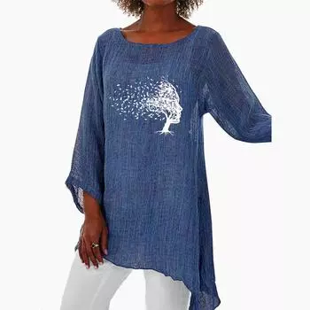 Женская повседневная льняная рубашка с длинным рукавом и принтом 3/4, модная свободная рубашка, плюс размер, льняная рубашка с круглым вырезом S белый