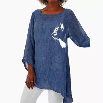 Женская повседневная льняная рубашка с длинным рукавом и принтом 3/4, модная свободная рубашка, плюс размер, льняная рубашка с круглым вырезом S белый