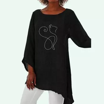 Женская повседневная льняная рубашка с длинным рукавом и принтом 3/4, модная свободная рубашка, плюс размер, льняная рубашка с круглым вырезом S белый