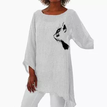 Женская повседневная льняная рубашка с рукавом 3/4 и тонким верхом, модная свободная рубашка, плюс размер, льняная рубашка с круглым вырезом S белый