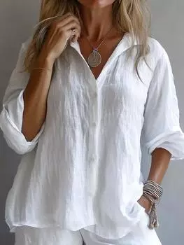 Женская повседневная льняная рубашка с V-образным вырезом на пуговицах и рукавами с возможностью закатывания белого, розового, желтого, синего цвета S белый