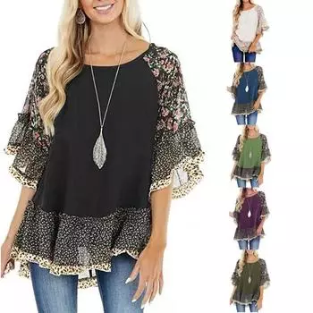 Женская повседневная леопардовая футболка с расклешенными рукавами и круглым вырезом, свободные топы, кружевные лоскутные рубашки с принтом S чёрный