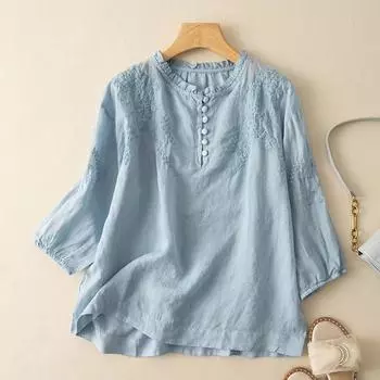 Женская повседневная летняя блузка с цветочной вышивкой и круглым вырезом с рукавами 3/4 XXL белый