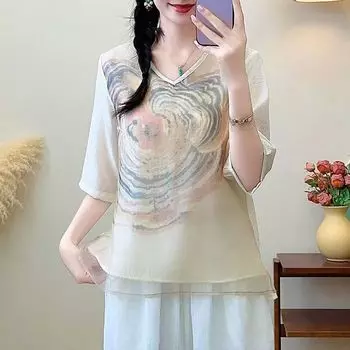 Женская повседневная летняя блузка с v-образным вырезом и рукавом 3/4, топы с принтом XL белый
