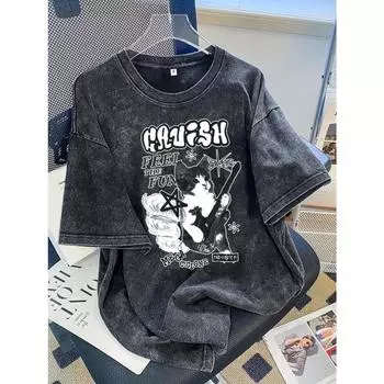 Женская повседневная летняя футболка с круглым вырезом, вязаная ткань с рисунком и эффектом выцветания S