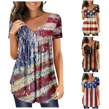 Женская повседневная летняя футболка с v-образным вырезом на пуговицах и коротким рукавом, топ с принтом ко Дню независимости XL коричневый