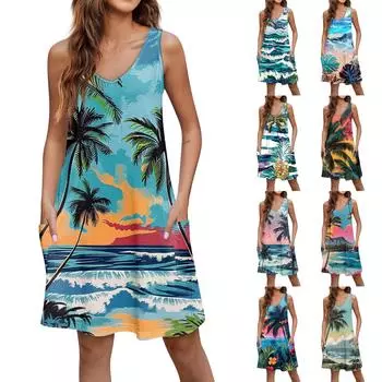 Женская повседневная летняя пляжная юбка с принтом и карманами, топ на бретелях с V-образным вырезом L чёрный