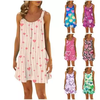 Женская повседневная летняя свободная юбка без рукавов с принтом, платье-комбинация L синий