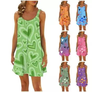 Женская повседневная летняя свободная юбка без рукавов с принтом, платье-комбинация L синий