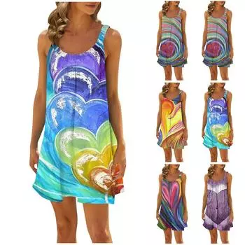 Женская повседневная летняя свободная юбка без рукавов с принтом, платье-комбинация L разноцветный