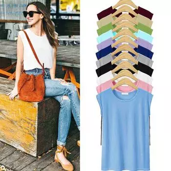 Женская повседневная летняя тонкая футболка без рукавов, свободный однотонный топ, футболка большого размера с круглым вырезом, S-6XL S чёрный