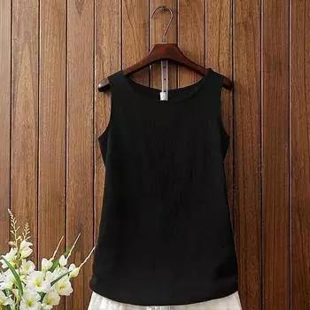 Женская повседневная майка без рукавов с круглым вырезом, свободного кроя, из хлопка и льна M чёрный