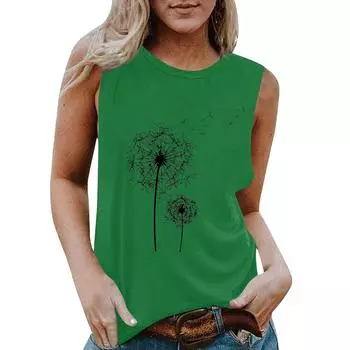Женская повседневная майка без рукавов с круглым вырезом и цветочным принтом L темно-зеленого