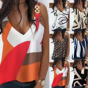 Женская повседневная майка с принтом и металлической пряжкой без рукавов с v-образным вырезом, летняя мода, жилет, топ S хаки