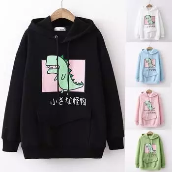 Женская повседневная милая рубашка с динозавром, толстовка с капюшоном и карманом, джемпер, топы