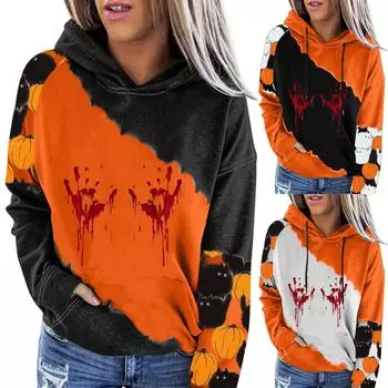 Женская повседневная мода 2022, пуловер с длинными рукавами и капюшоном с принтом Хэллоуина M чёрный