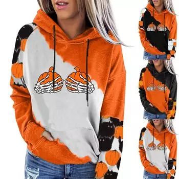 Женская повседневная мода 2022, пуловер с длинными рукавами и капюшоном с принтом Хэллоуина XXL оранжевый