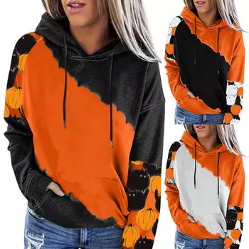 Женская повседневная мода 2022, пуловер с длинными рукавами и капюшоном с принтом Хэллоуина L чёрный