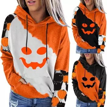 Женская повседневная мода 2022, пуловер с длинными рукавами и капюшоном с принтом Хэллоуина XXL чёрный