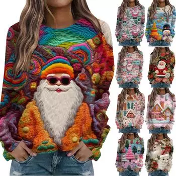 Женская повседневная мода 3D рождественский принт длинный рукав O-образный вырез пуловер топ M зелёный