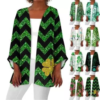 Женская повседневная мода Caot Printed Lightweight Medium Long Jacket Cardigan L армия зеленый