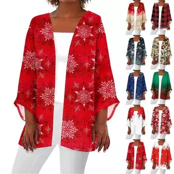 Женская повседневная мода Caot с рождественским принтом Легкая куртка средней длины Кардиган M синий