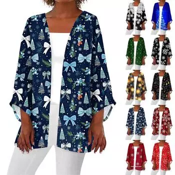 Женская повседневная мода Caot с рождественским принтом Легкая куртка средней длины Кардиган XXXXXL синий