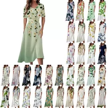 Женская повседневная мода Цветочный (лист) Платье-халат с принтом, V-образным вырезом, короткими рукавами и длинной юбкой-халат L чёрный