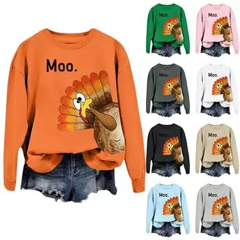 Женская повседневная мода День благодарения с принтом длинный рукав O-образный вырез пуловер толстовки L чёрный