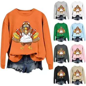 Женская повседневная мода День благодарения с принтом длинный рукав O-образный вырез пуловер толстовки XL белый