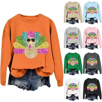 Женская повседневная мода День благодарения с принтом длинный рукав O-образный вырез пуловер толстовки XXXL