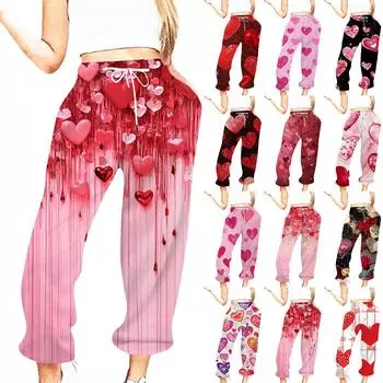 Женская повседневная мода День святого Валентина Повседневные брюки с принтом Спортивные брюки Брюки с эластичной резинкой на талии со шнурком Брюки со шнурком L чёрный