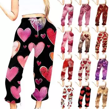 Женская повседневная мода День святого Валентина Повседневные брюки с принтом Спортивные брюки Брюки с эластичной резинкой на талии со шнурком Брюки со шнурком L бежевый