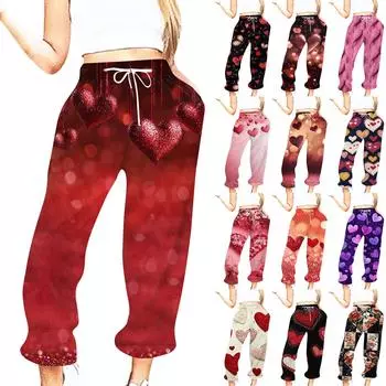 Женская повседневная мода День святого Валентина Повседневные брюки с принтом Спортивные брюки Брюки с эластичной резинкой на талии со шнурком Брюки со шнурком L бежевый