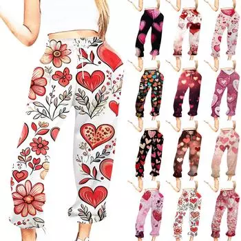 Женская повседневная мода День святого Валентина Повседневные брюки с принтом Спортивные брюки Брюки с эластичной резинкой на талии со шнурком Брюки со шнурком L чёрный