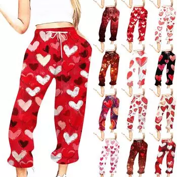 Женская повседневная мода День святого Валентина Повседневные брюки с принтом Спортивные брюки Брюки с эластичной резинкой на талии со шнурком Брюки со шнурком L бежевый